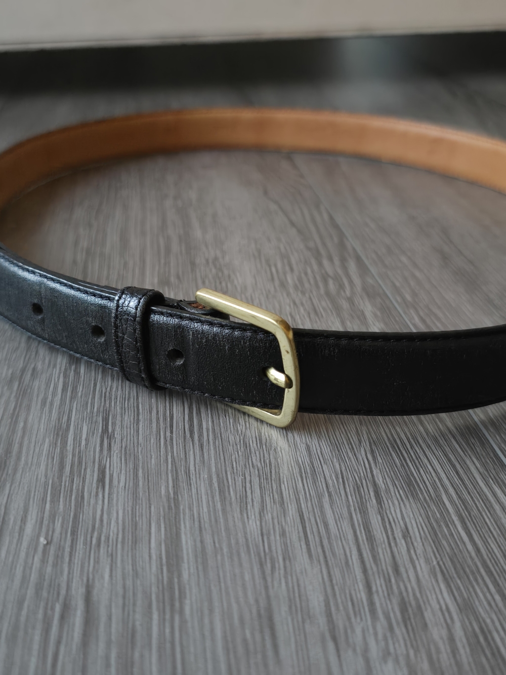 Christopher Hayes Black Leather Belt Solid Brass Buckle Sz 34 Vintage Dress Belt